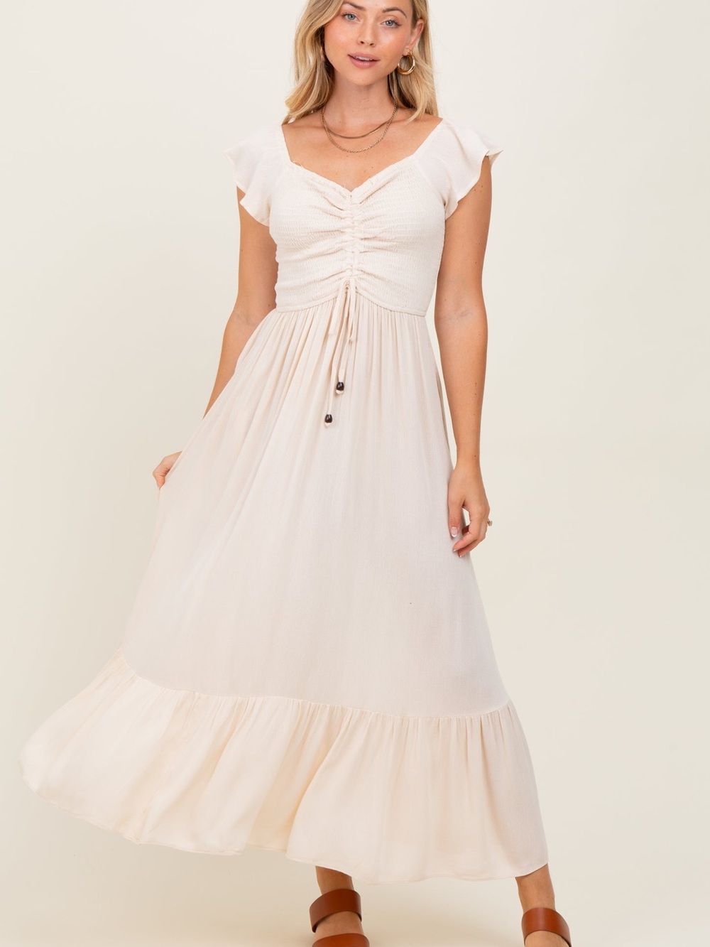 PinkBlush Beige Smocked Ruched Ruffle Hem Dress – Size Medium